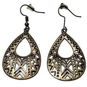 Vintage Brass Geometric Cutout Teardrop Dangle Earrings Fashion Jewelry Women